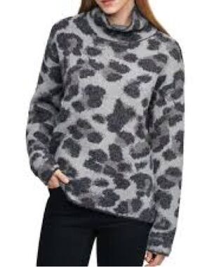 DKNY Gray Leopard Print Cowl Neck Sweater